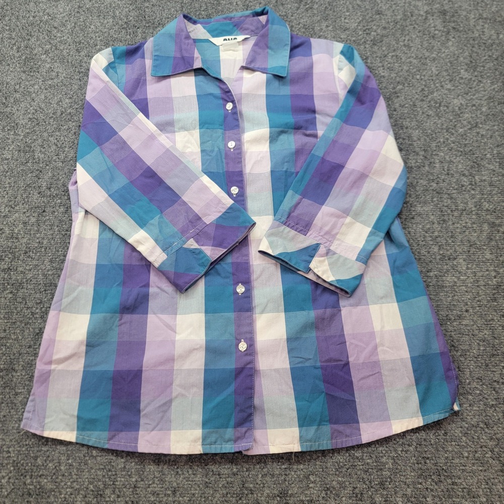 Alia Womens Purple Blue Plaid 3/4 Sleeve Button Up Shirt Cotton Blend Size 14P